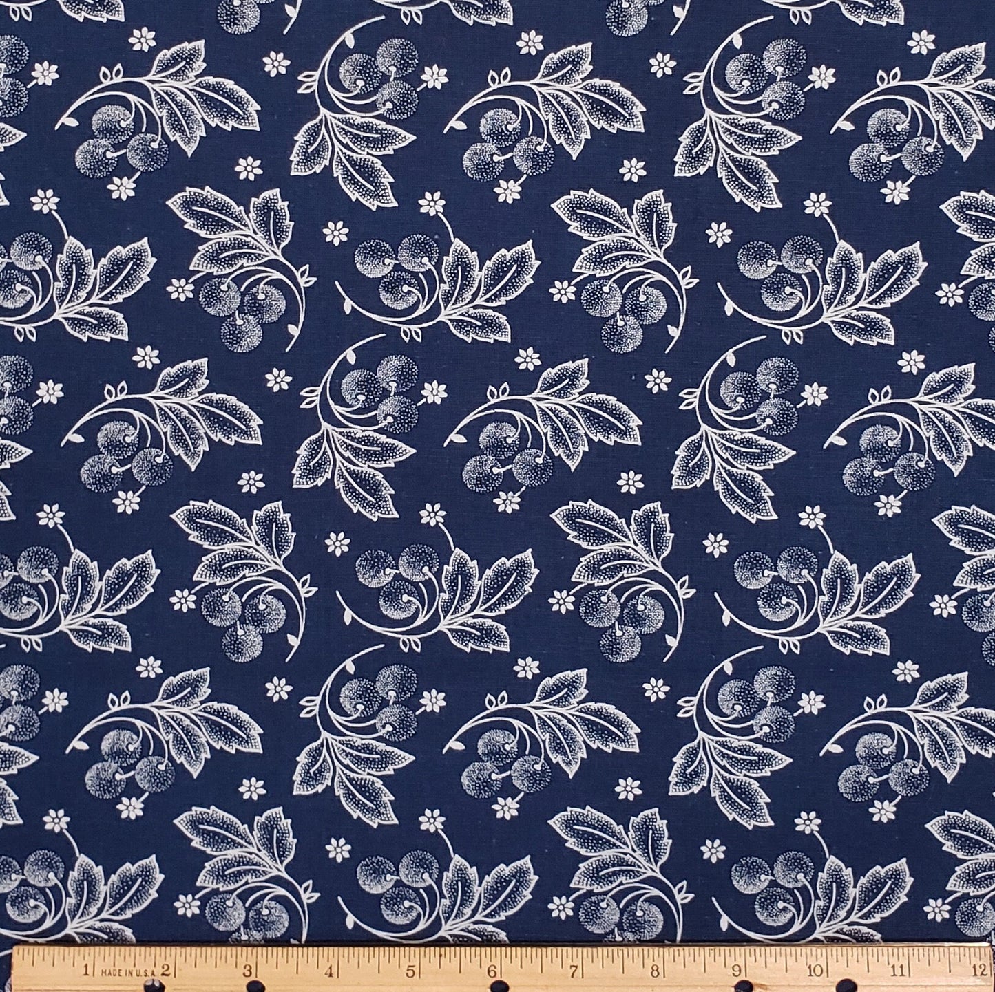 Navy Fabric / White Leaf and Berry Print - 36" WIDE Fabric - Selvage Selvage Print