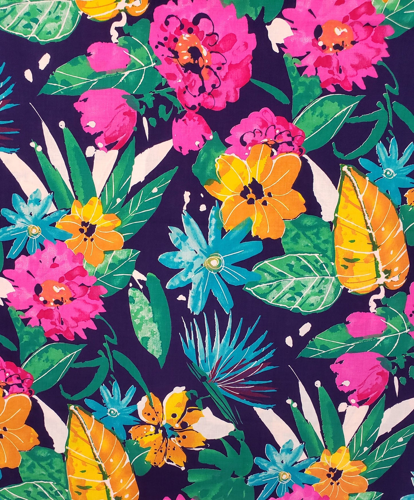 Dark Blue Fabric - Large, Brightly Colored Floral Print - 60-INCH WIDE FABRIC
