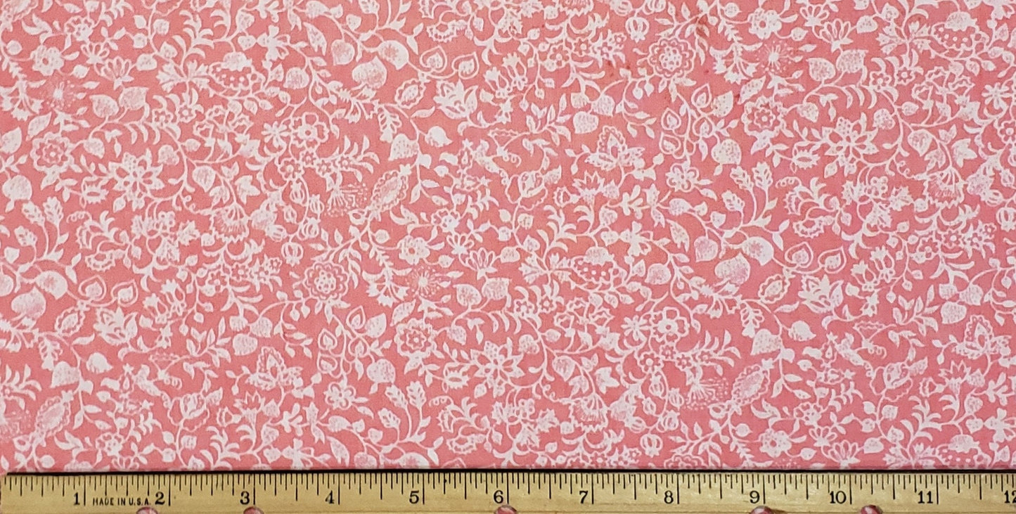 Pink Lightweight Fabric / White Floral Pattern - Selvage to Selvage Print