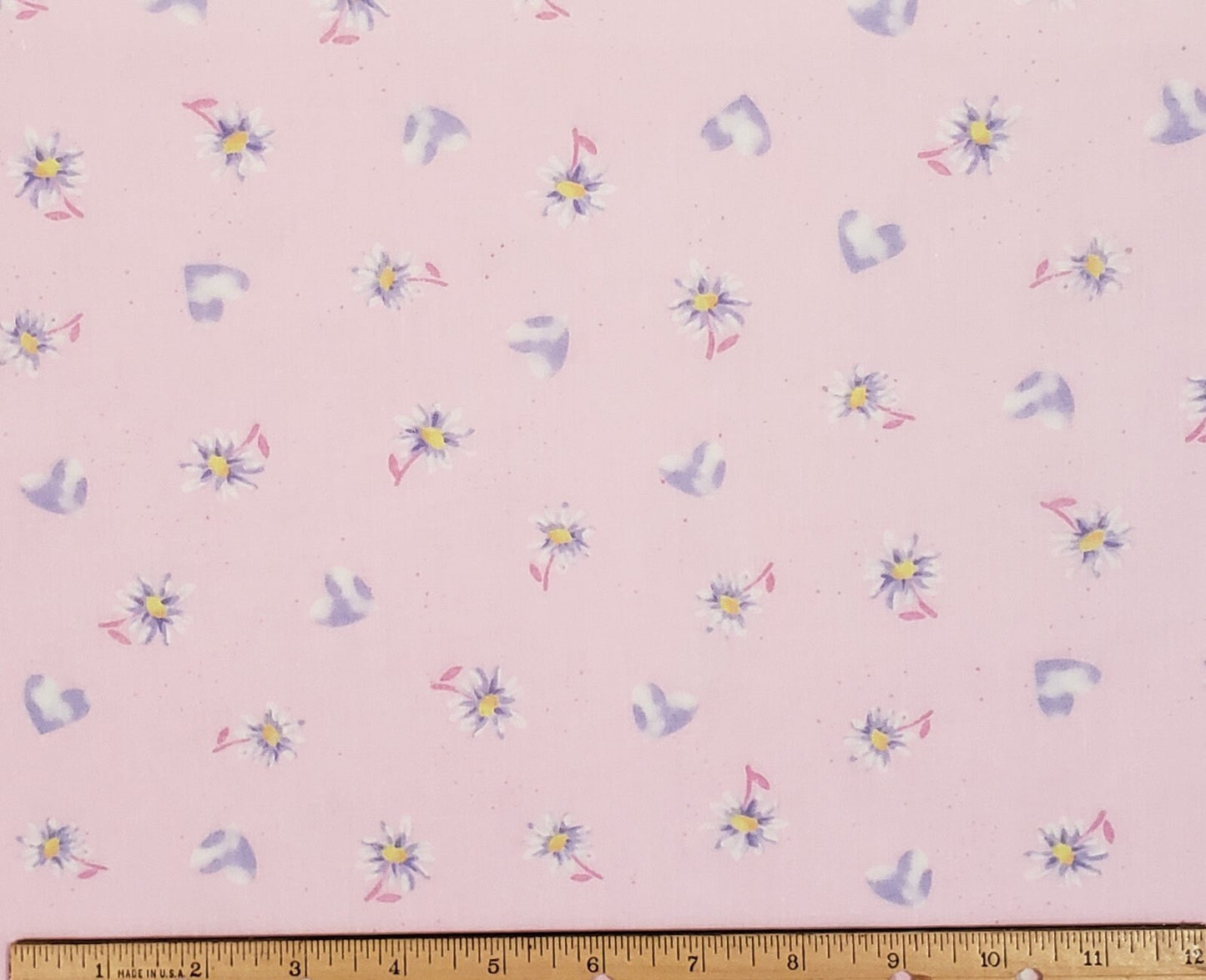 Lightweight Pink Fabric / Light Purple Heart and Daisy Print