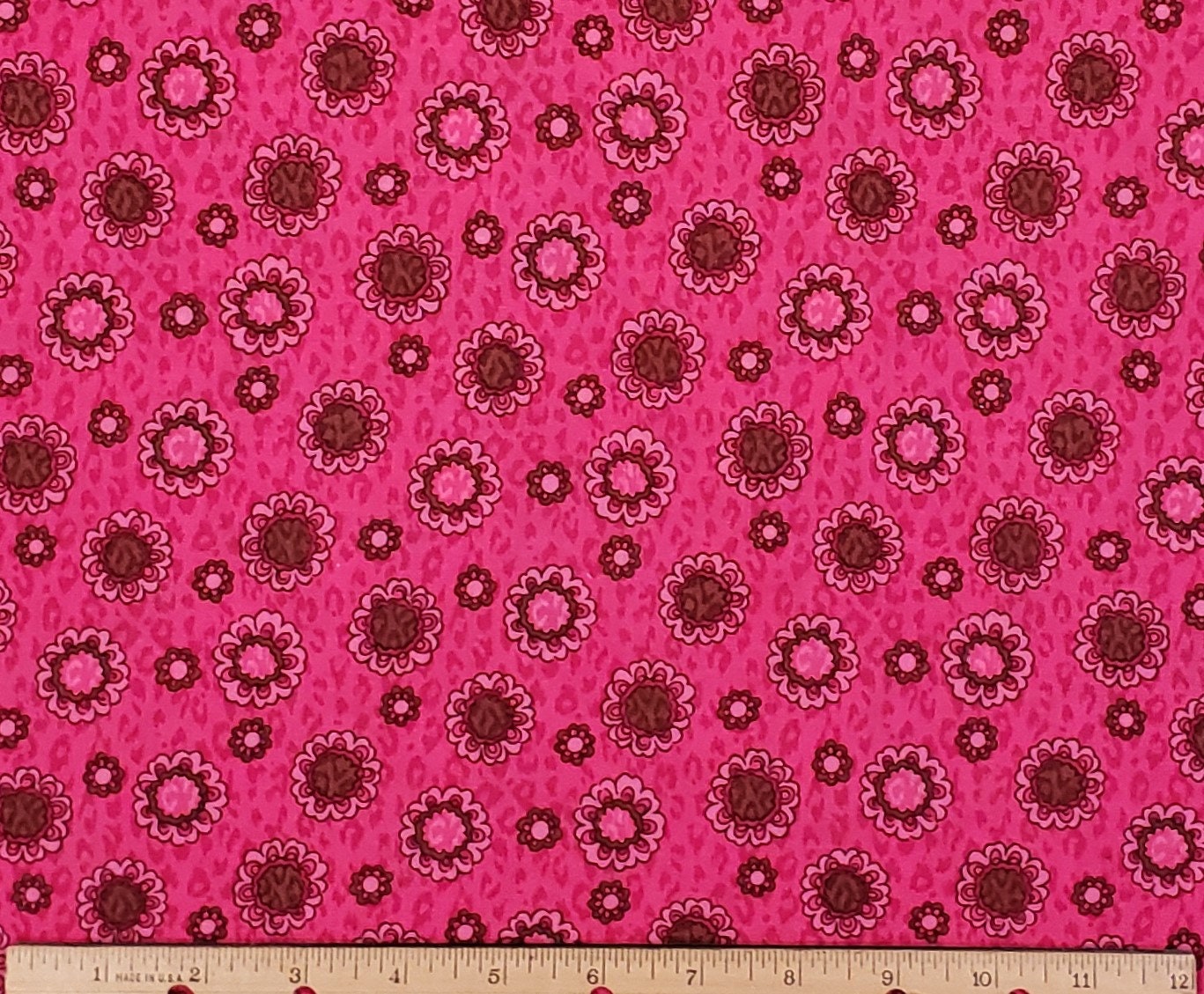 Bright Pink Fabric / Brown and Pink Flowers