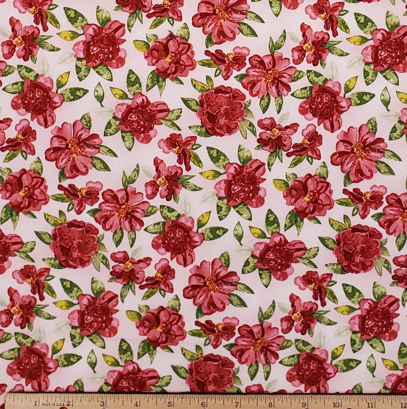 R.E.D. International Textiles CT04-853 - Pale Pink Fabric / Red Flower Print