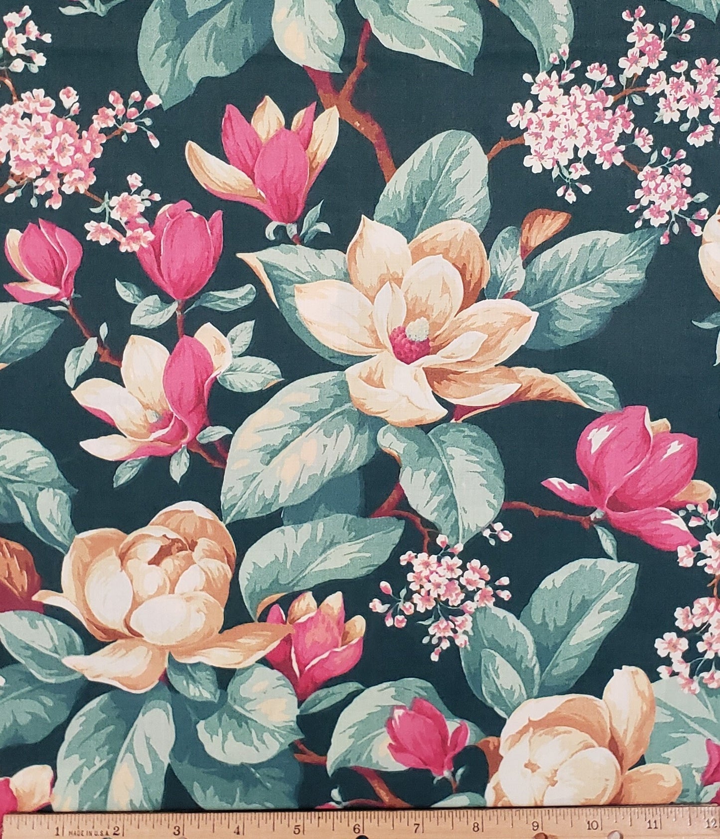 Sharon Kessler for Concord Fabrics - Dark Green Fabric / Large White and Pink Flower Print