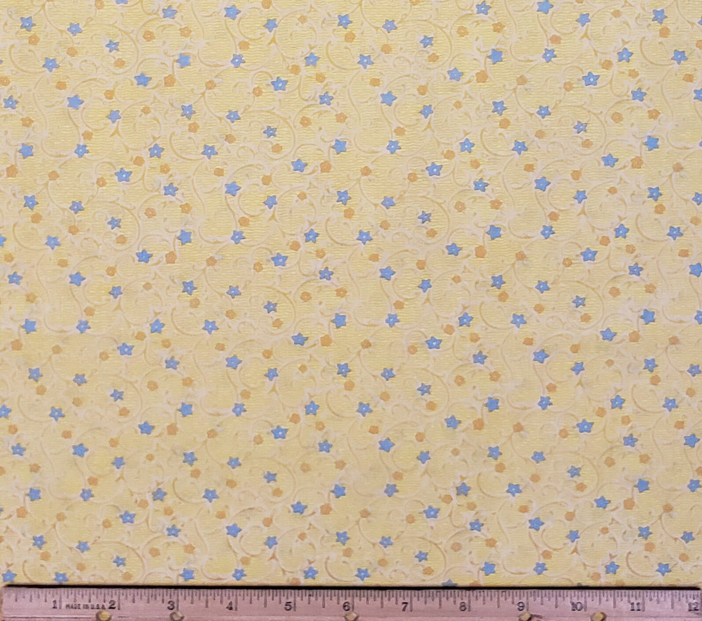 Peter Pan Fabrics - Yellow Fabric / Gold and Light Blue Vintage Flower Print