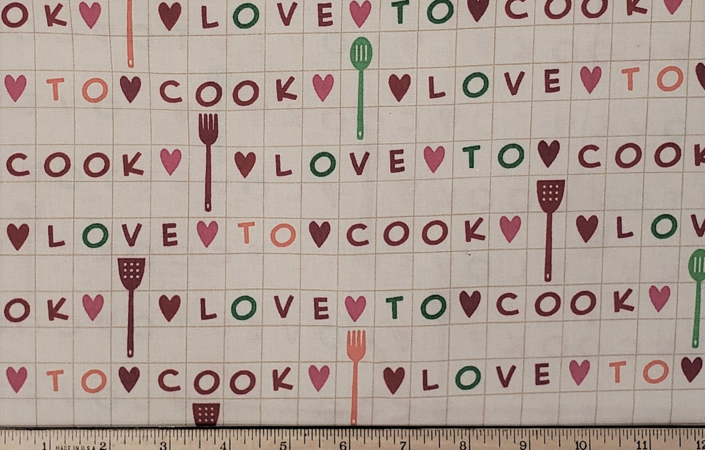 AMF - Love to Cook D#13284 - Light Tan Fabric / Bold Berry, Green and Orange Love to Cook Print