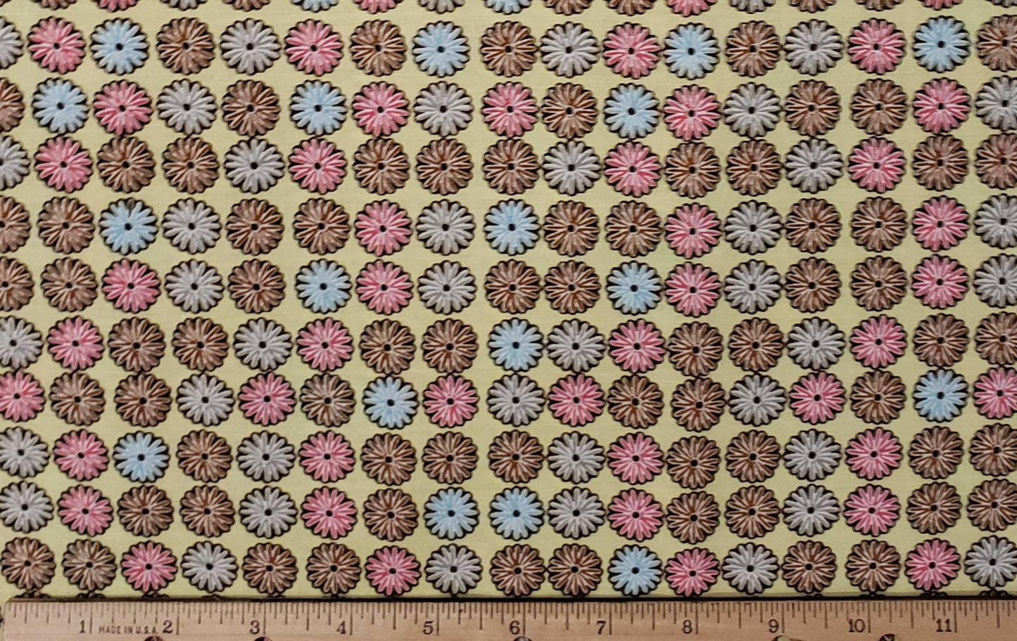 CP37424 Floral Dreams Packed Floral Olika Licensing Springs Creative Products Group 2011-Yellow Fabric/Pink Blue & Brown Retro Flower Print