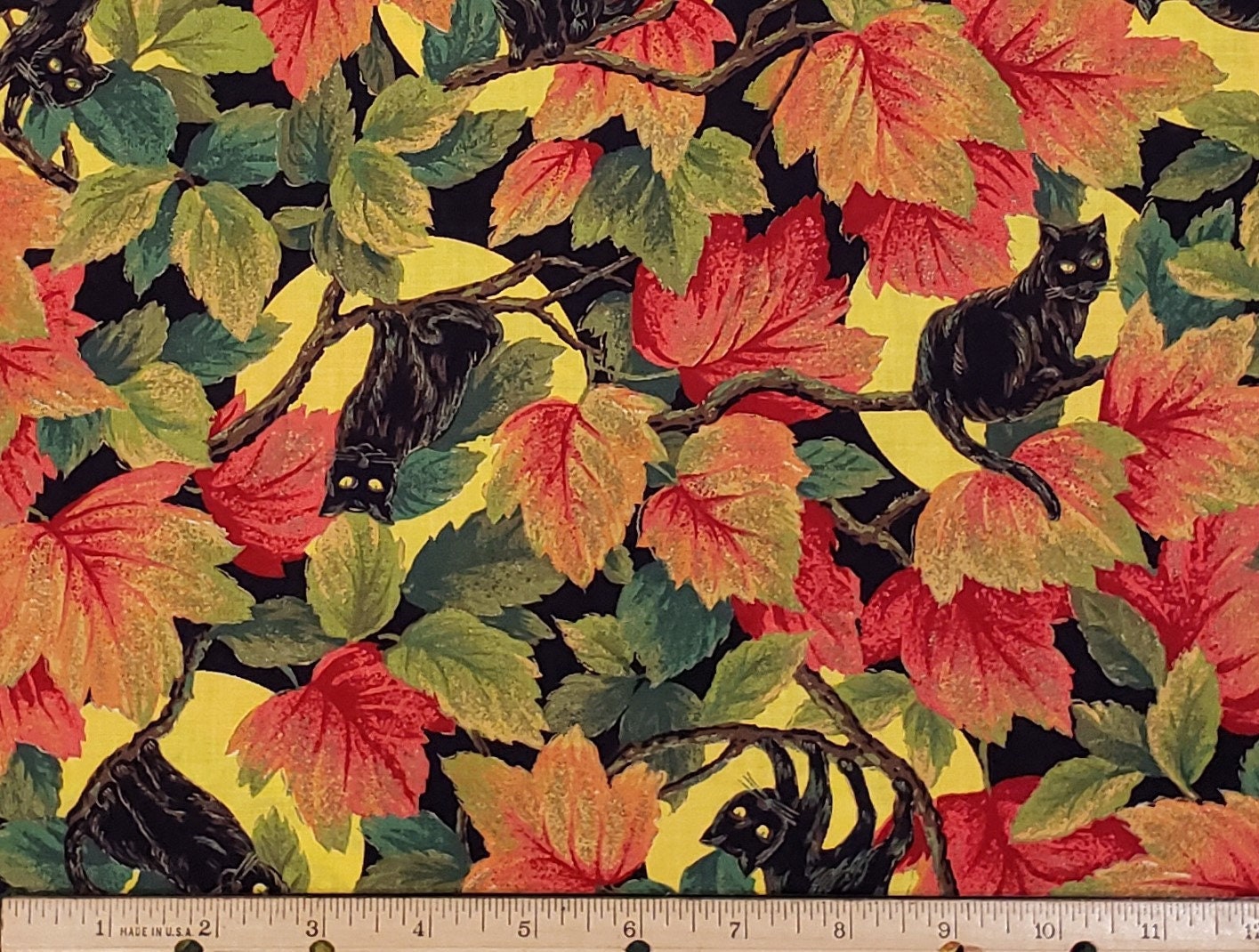 EOB - A Cranston Home Fashion Cranston Print Works - Black Cat, Full Moon and Autumnal Leaf Print Fabric - 58" WIDE FABRIC