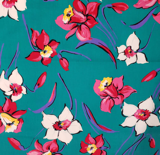 Cranston Print Works - Schwartz Liebman - Dark Teal Fabric / Large White and Bright Pink Flower Print