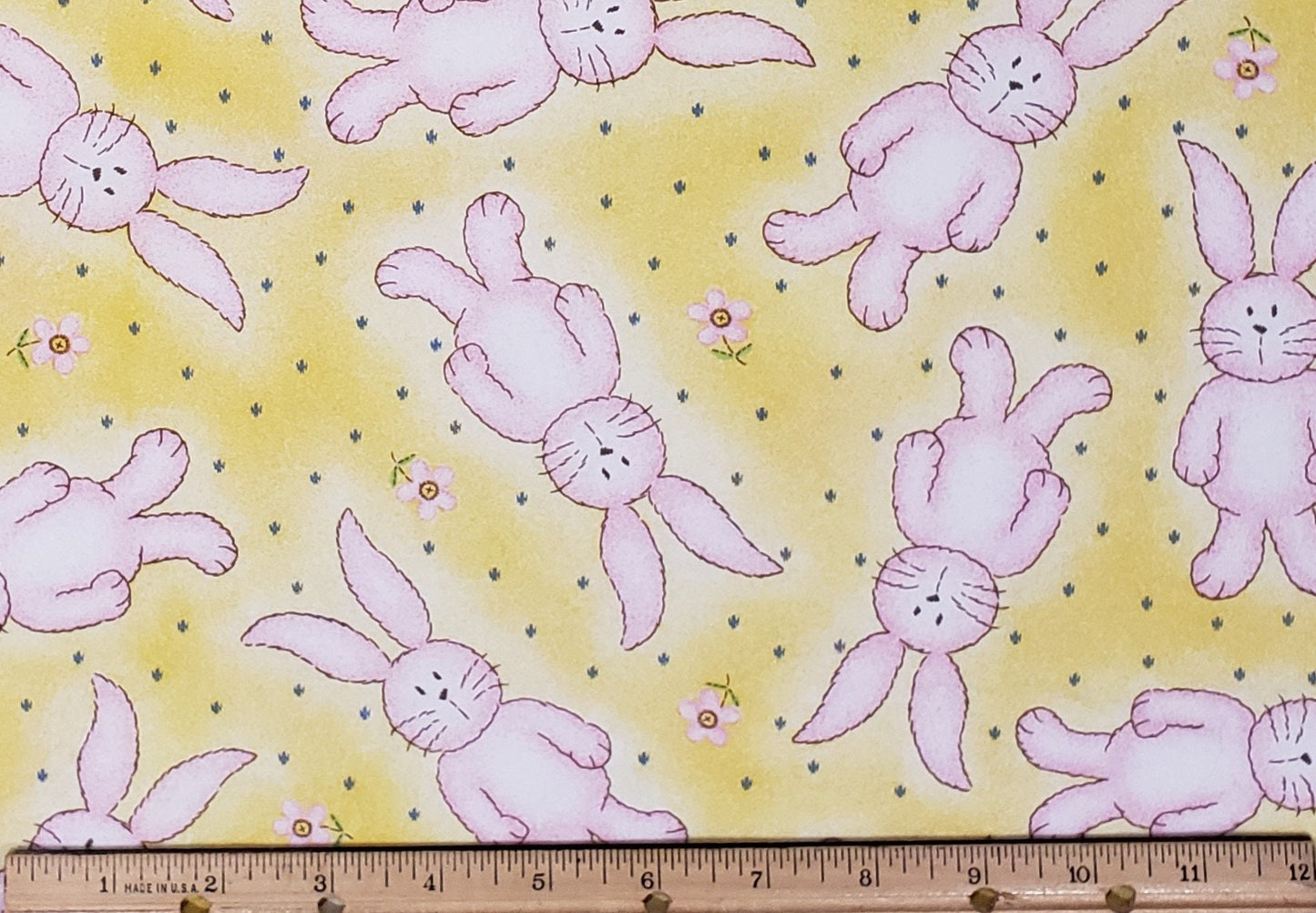 Signature Classics by Oakhurst Textiles - Yellow "Sponged" Fabric / Country Blue Accents / Pink Flowers / Cartoon-Style Rabbits