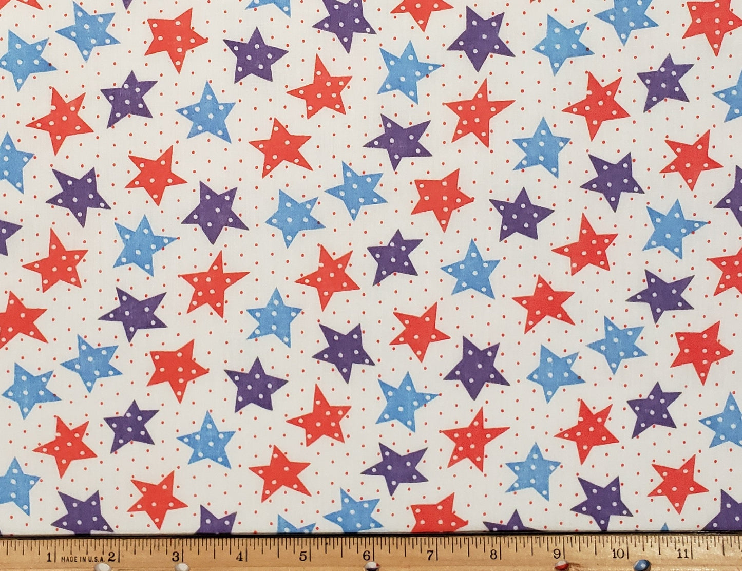 Vintage Lightweight White Fabric - Red, Light Blue and Purple Stars with Polka Dots