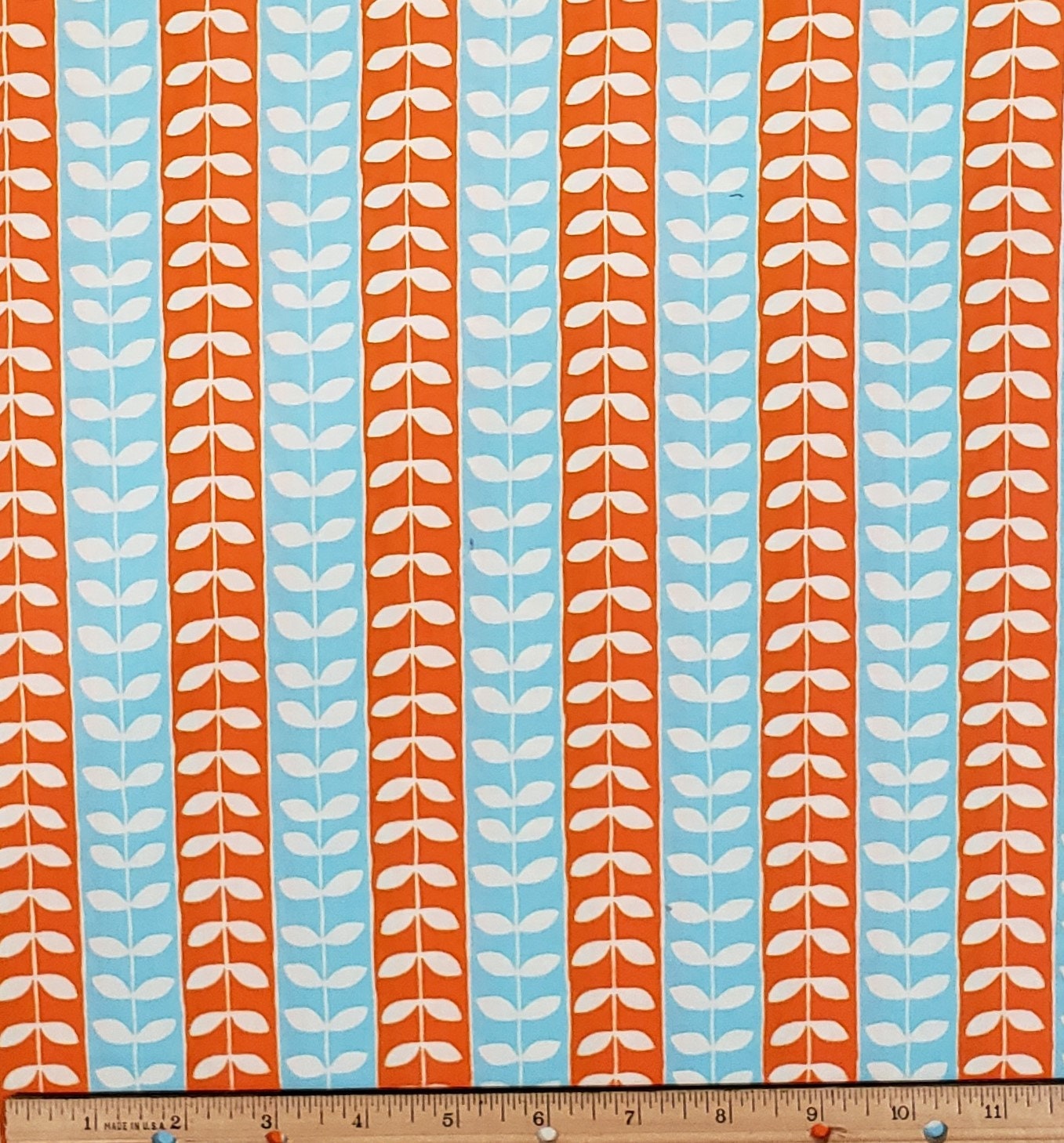 Monaluna for Robert Kaufman Mingle Screen Print D# 9871 - Light Blue and Orange Leaf Vine Print Fabric