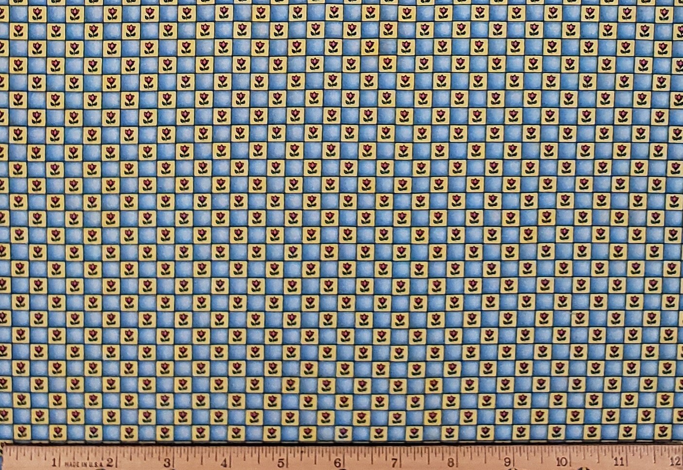 Annie's Tea Party by Annie Lang for The Erlanger Group Patt#2489 - Light Blue and Yellow Checkerboard Fabric / Tulip Pattern