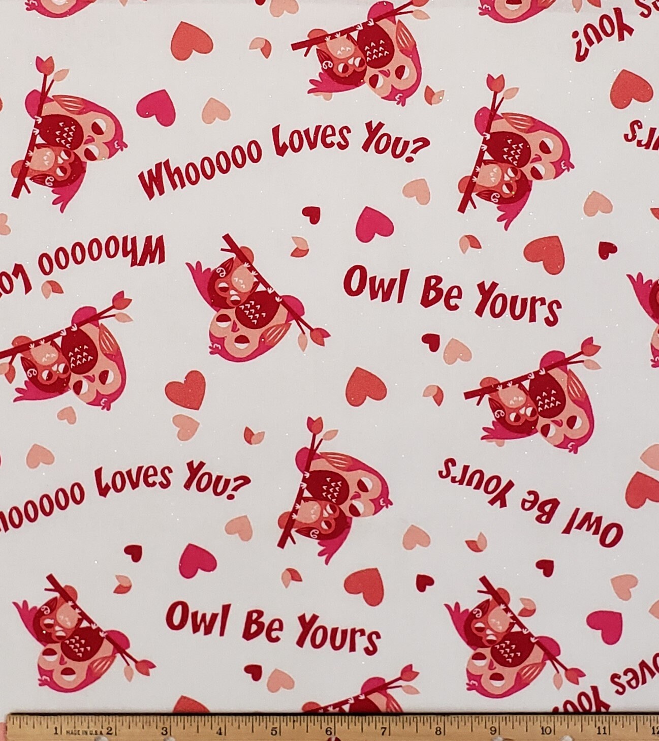 JoAnn Fabric & Craft - White Fabric with Whooooooo Loves You?, Red and Pink Own Print / Glitter Accents
