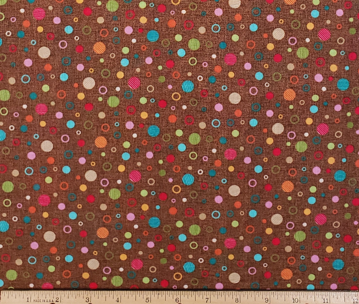 Brown Fabric / Bright Pastel Dots and Circles