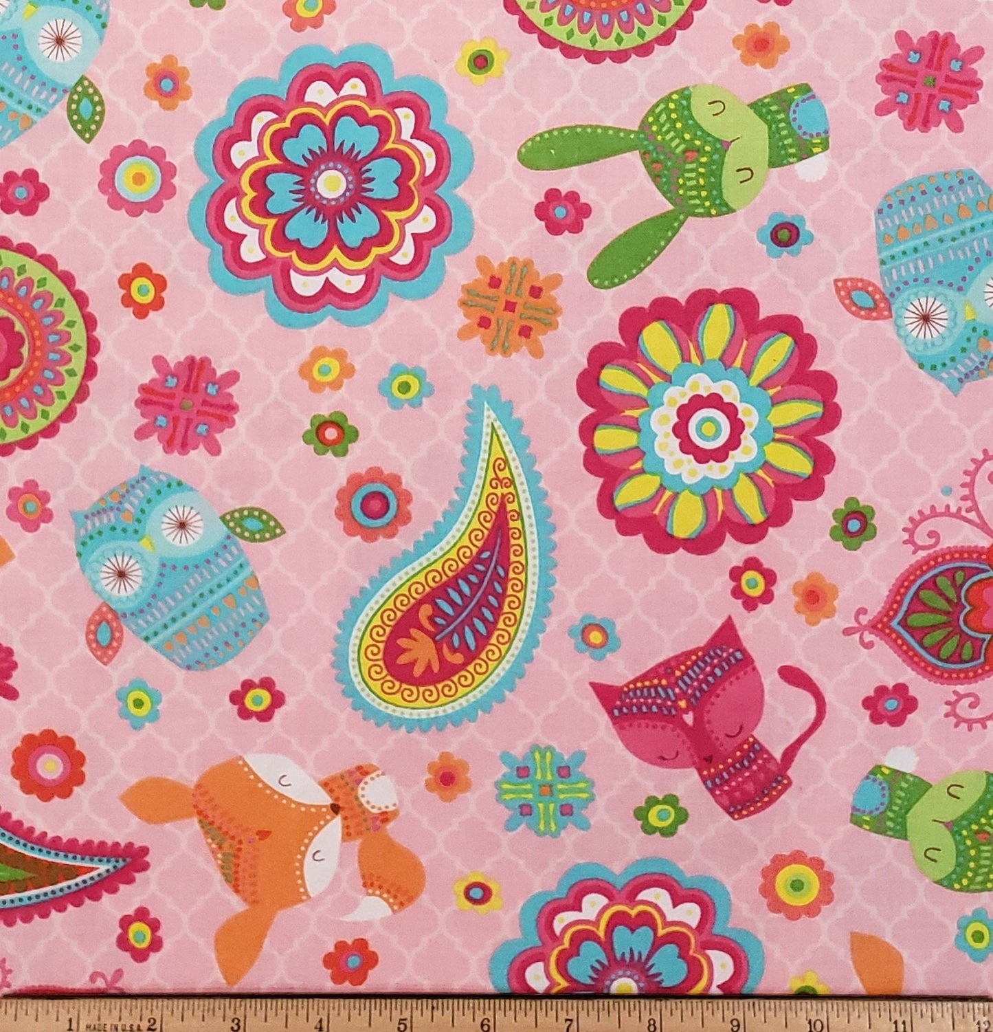 Light Pink/White Lattice Background Fabric - Brightly Colored Fox, Rabbit, Cat, Owl, Flower and Paisley Print