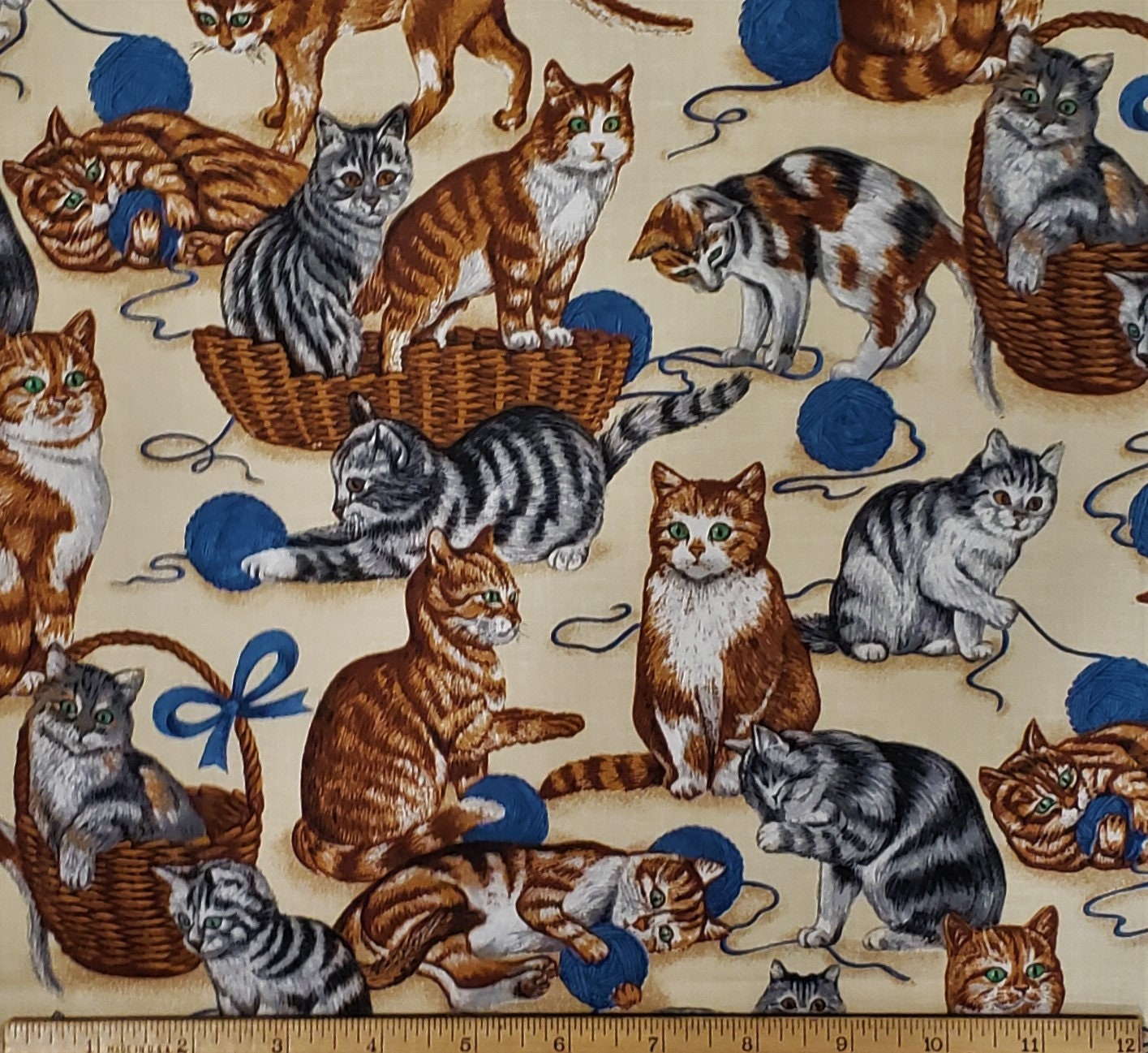 EOB - A V.I.P. Print Cranston Print Works, Co. - Light Tan Fabric / Brown and Gray Cats in Baskets Playing with Balls of Blue Yarn