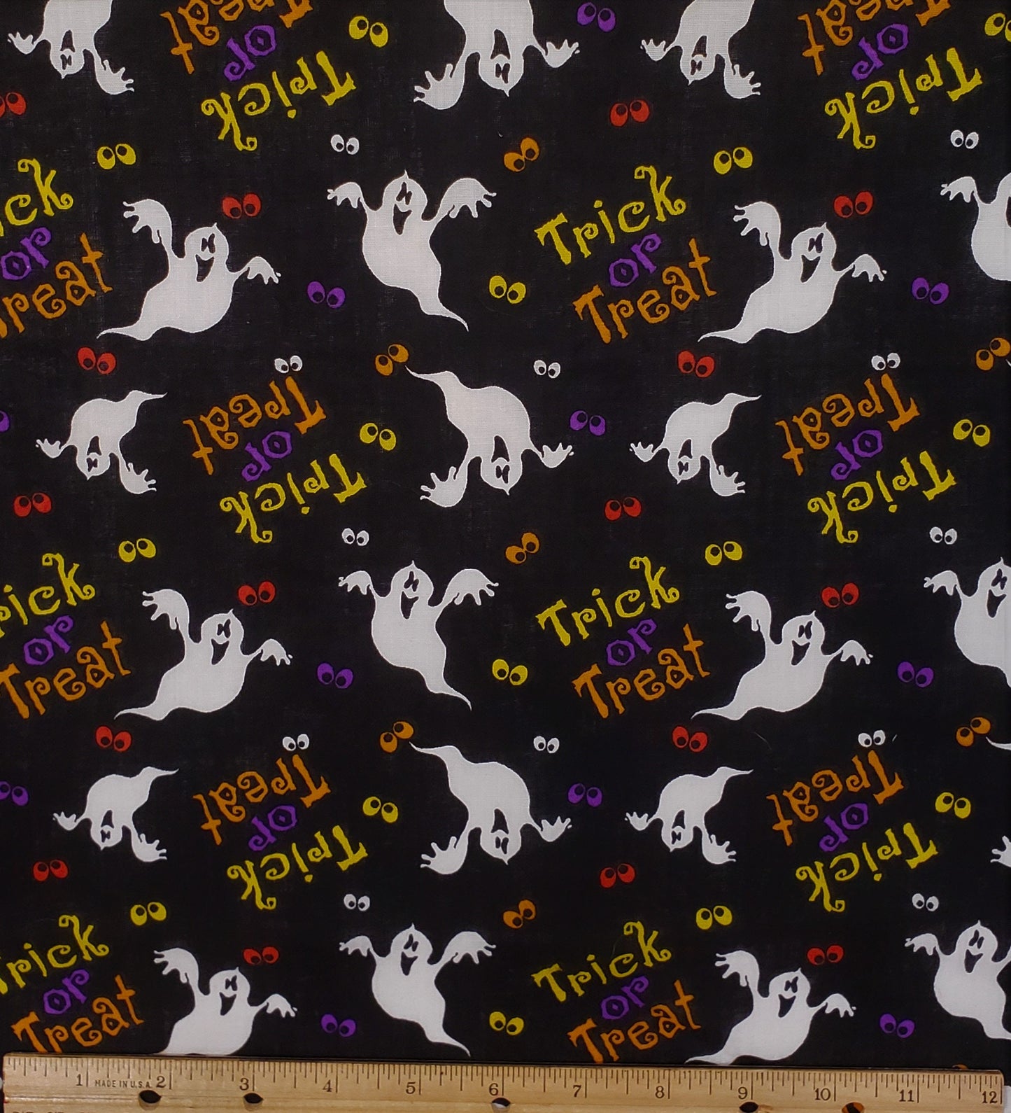 Black Fabric / Trick or Treat, Ghosts and Colorful "Floating" Eye Pattern