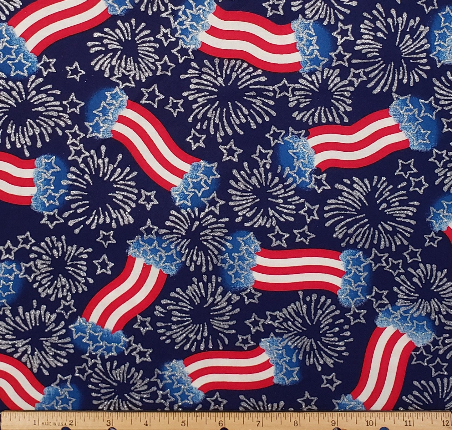 Fabric Traditions 1989 - Dark and Light Blue Fabric / Red and White Flag / Silver Foil Stars & Fireworks Print Fabric