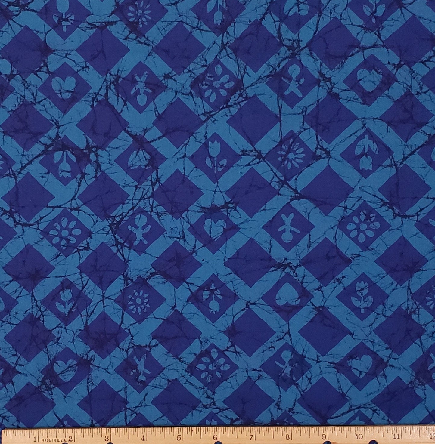 BATIK - 38" Wide Blue Tone-on-Tone Diamond Pattern with Flower, Heart and Baby Batik Fabric