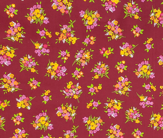 Dark Burgundy Fabric - Bouquets of Bright Pink, Yellow and Red