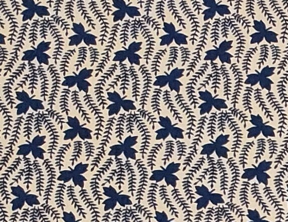 Cream Fabric - Navy Leaf Pattern