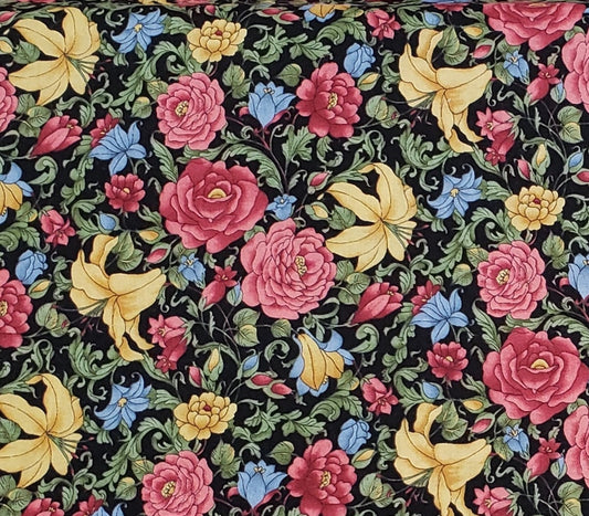 Windsor by Hoffman International Fabrics - Black Fabric / Mauve, Golden Yellow and Periwinkle Floral Print