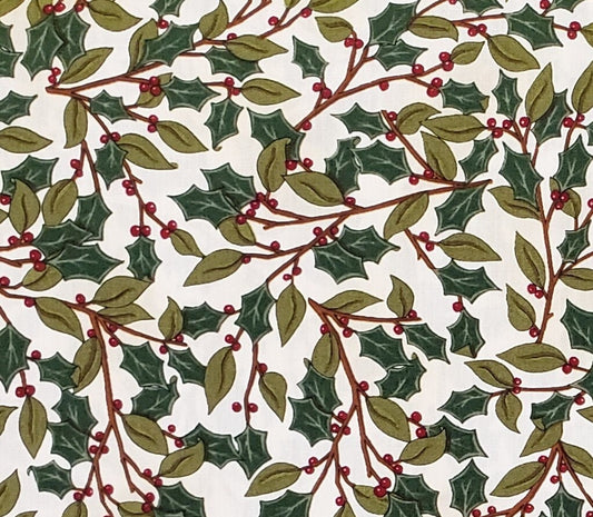 Christmas by Deb Strain for Moda - Cream Fabric / Mullti-Green Holly / Red Berries