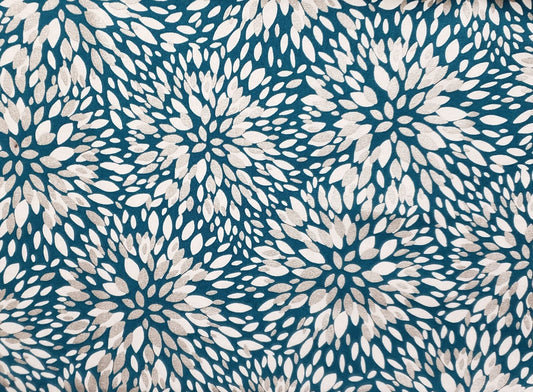 Keepsake Calico JoAnn Fabric - Teal Fabric with White and Silver Foil Chrysanthemum Pattern