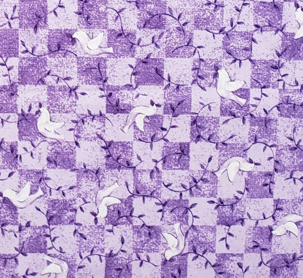 Noah's Ark by Jim Shore for Red Rooster Fabrics DSN #17031 - Two-Tone Purple Checkered Fabric with Darker Purple Vines and Bird Print