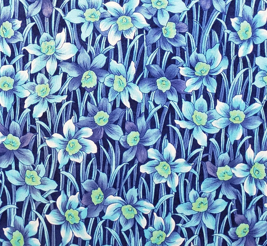 Patt. 31021 - Teal and Green Daffodil Pattern on Dark Blue Fabric