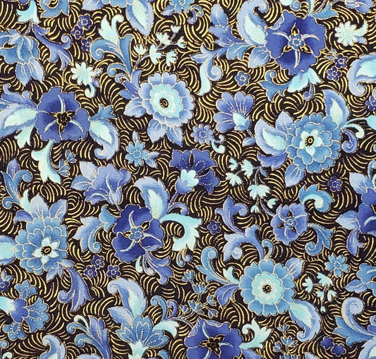 Grand Majesty Exclusively for JoAnn Stores Screen Print D# 1040 - Black Fabric with Multi-Tonal Blue Flowers and Gold Metallic Accents