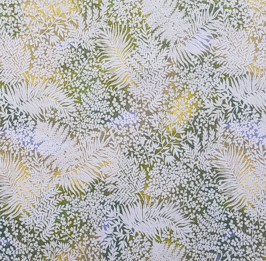 Exclusively for Jo Ann Stores - Pale Blue Fern and Leaf Print on Green Fabric with Gold Metallic Accents