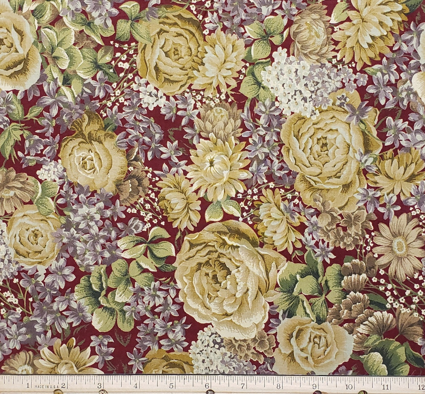 Classic Cottons 2002 - Maroon Fabric with Taupe Flowers