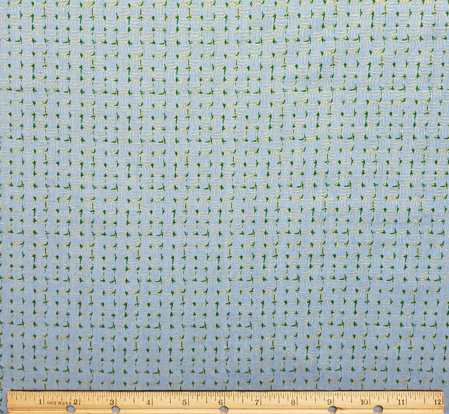 Medium Blue Fabric - Metallic Gold "Basketweave" Pattern with Green Accents