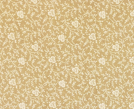 Tan Fabric with Small White Flowers and Vines - Selvage to Selvage Print