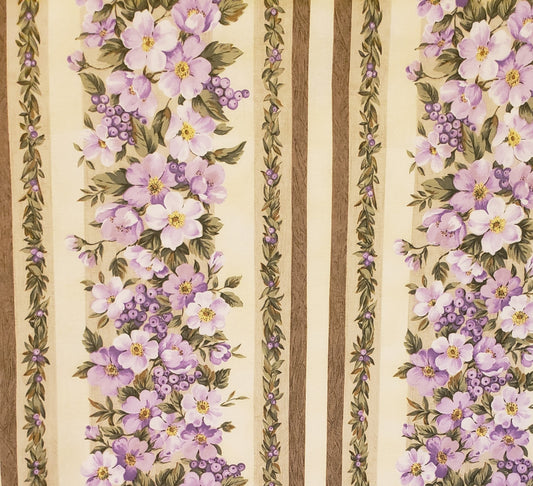 Contessa Flora by Yuko Hasegawa 2010 RJR Fabrics - Soft White Border Fabric with Purple Violets / A Leaf Stripe and a Wood Print Stripe