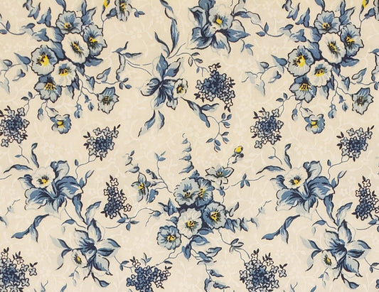 Classic Cottons 2000 - Soft White Reproduction Style Fabric with Blue Flowers and White Small Flower and Leaf Accent