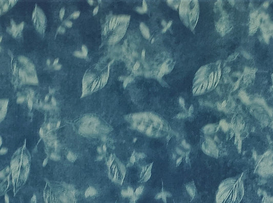 2004 Blank Textiles, Inc. - Mottled Blue/Green Fabric with a Leaf Silhouette Print