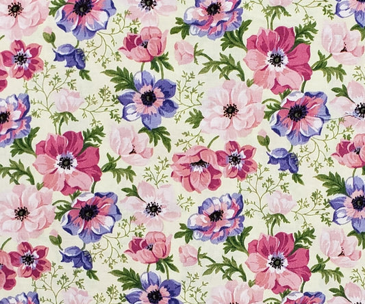 Concord Fabrics "Poppies are for August" - Pale Yellow Fabric with Pink and Purple Poppies
