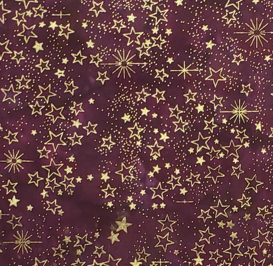 EOB - BATIK - Dark Plum Fabric with Gold Metallic Star Pattern