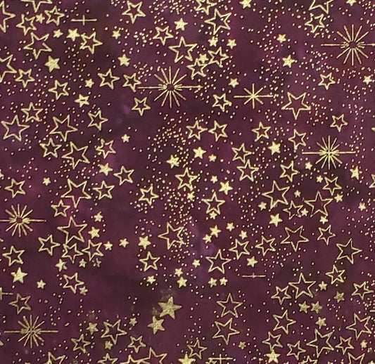 EOB - BATIK - Dark Plum Fabric with Gold Metallic Star Pattern