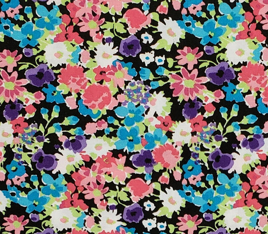 Black Fabric with Abstract Floral Print in Bright Pink, Teal, Purple, White and Green