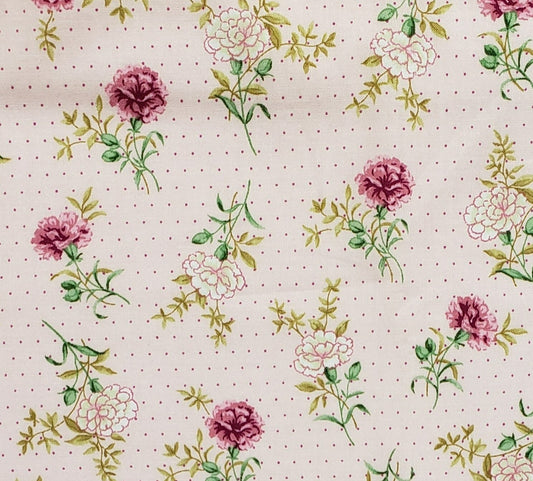 Concord Fabrics, Inc. "Carnations are for January" - Pale Pink Fabric with Dark Pink and White Carnations and a Small Dark Pink Pindots