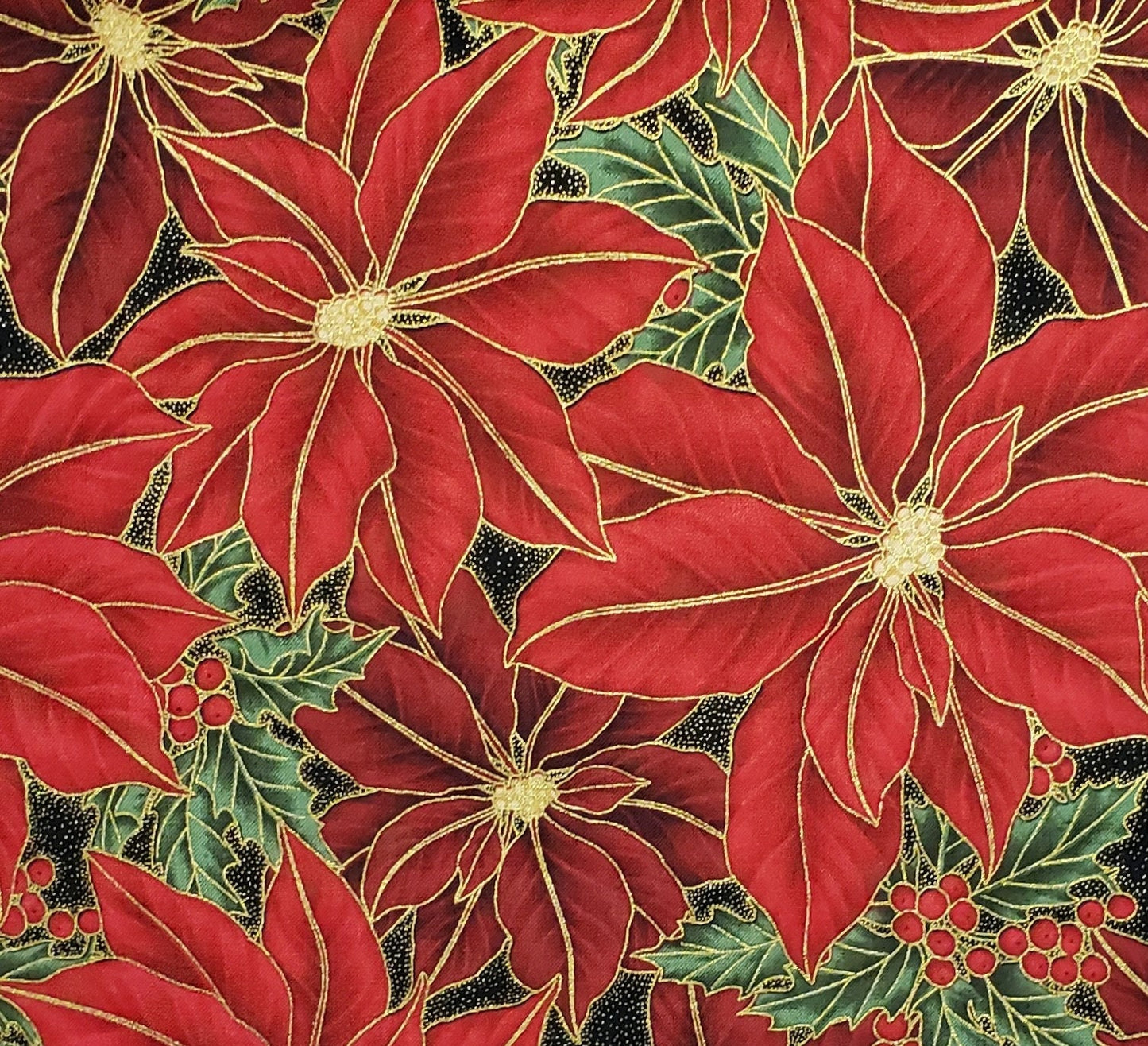 Winter Wishes S#K7173 by Hoffman California International Fabrics - Large Poinsettia Print with Metallic Gold Detailing