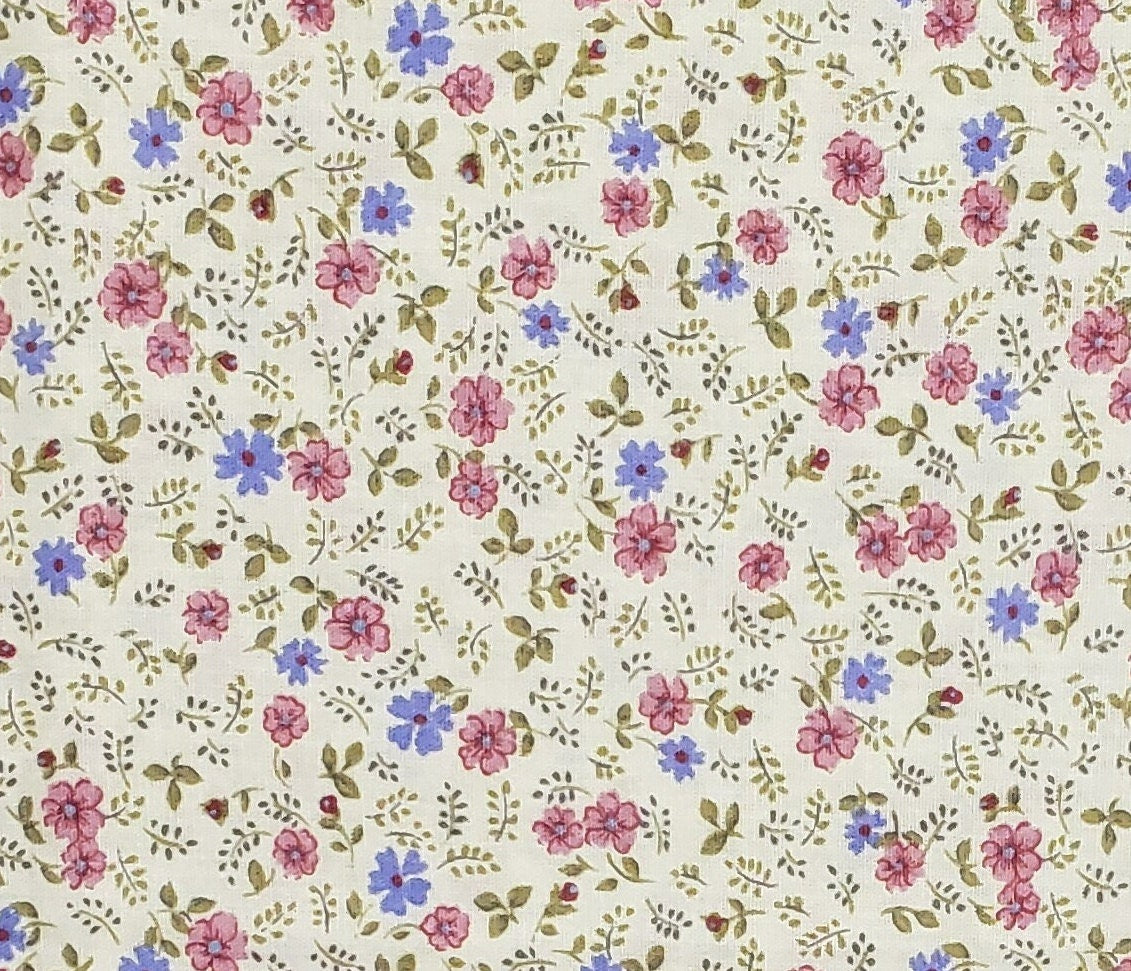 Vintage Cream Fabric with Pink and Blue Flower Print