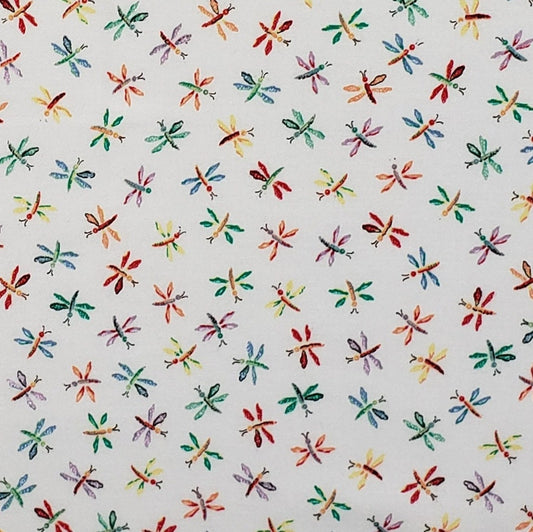 Textile Arts & Film, Inc. - TAF - White Fabric with Brightly Colored Dragonfly Print