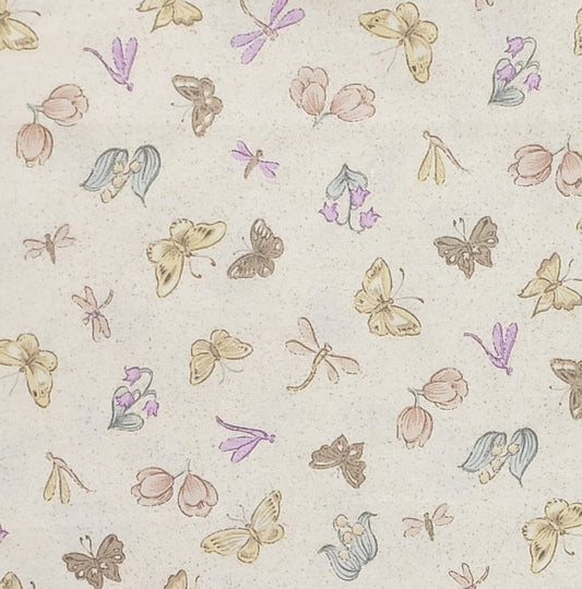 Designed and Produced Exclusively for JoAnn Fabric and Craft Stores-Tan Speckled Vintage Yellow Fabric with Butterfly/Dragonfly/Flower Print