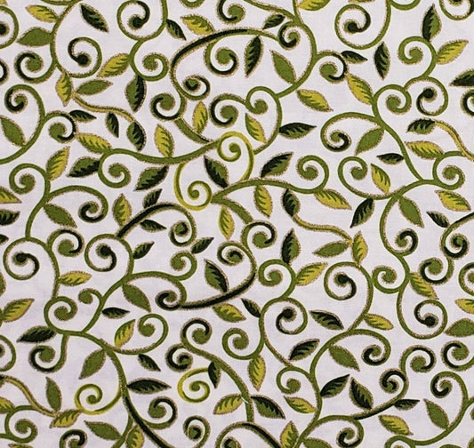 Designed and Produced Exclusively for JoAnn Fabric and Craft Stores-Cream Fabric/Multi-Tonal Green Leaf & Vine Print /Gold Metallic Details