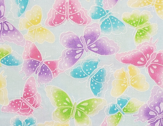 Pale Blue Fabric with Bright Turquoise, Purple, Pink, Yellow and Green Butterfly Print with Silver Glitter