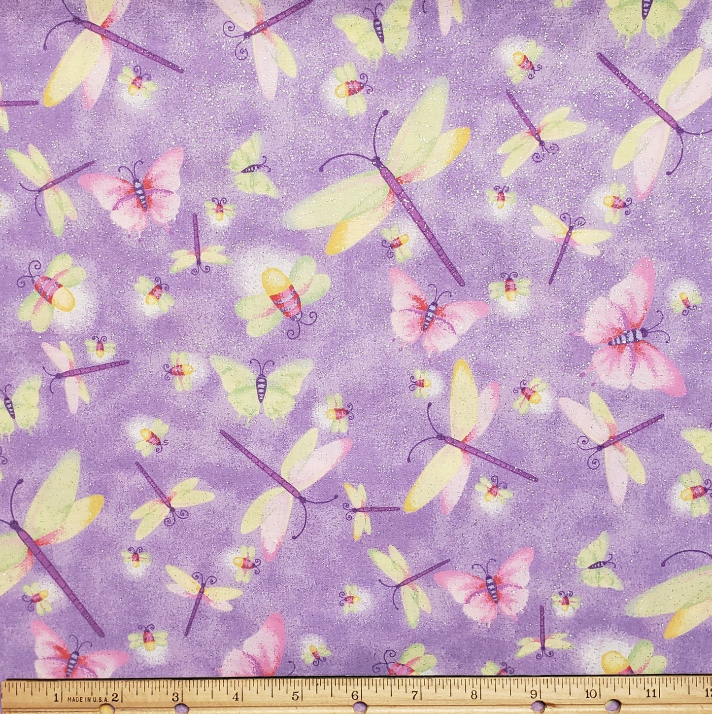 Fabric Traditions 2006 NTT Inc-Pale Purple Mottled Fabric/Pink Butterflies/Yellow, Lime Green, Purple Dragonfly & Butterflies/Silver Glitter